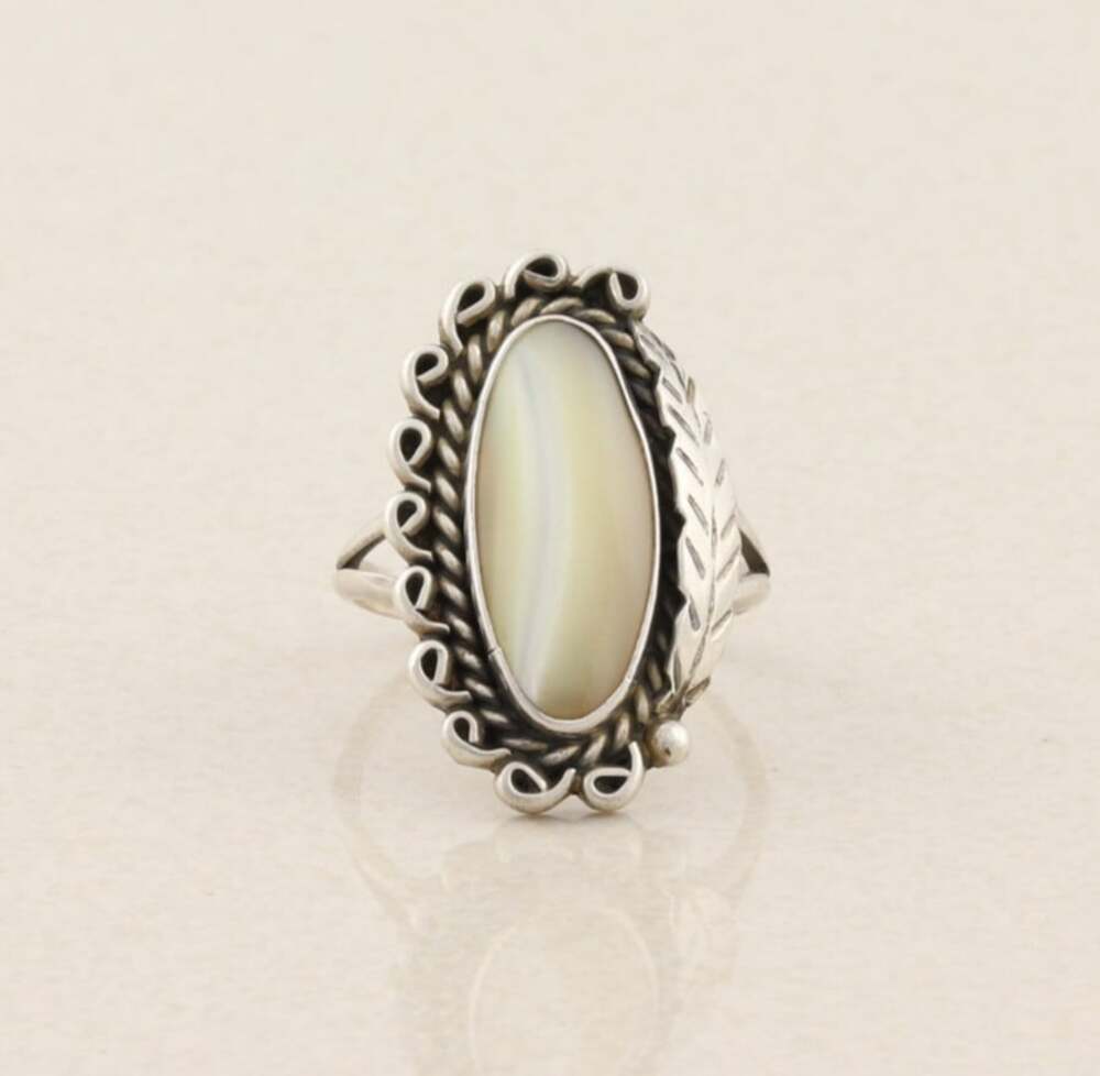 Sterling Silver Mother of Pearl Feather Ring Size 8
